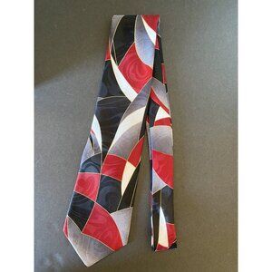 Oleg Cassini men's necktie red gray white geometric USA polyester made in D.R.